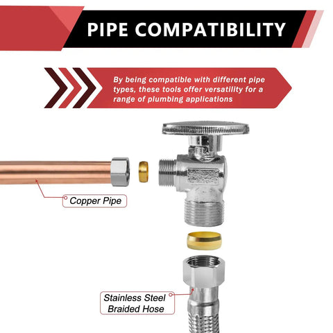 100 Pack Go-To Angle Stop Valves One Half Inch Nominal Five Eighths Inch OD Compression To Three Eighths Inch OD Quarter Turn Inlet Lead Free Brass Chrome Plated Safe For Potable Water In Residential And Commercial Plumbing, pipe compatibility with copper pipe and braided hose