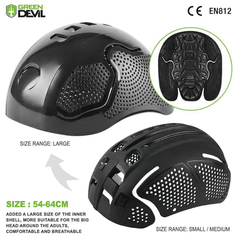 Ultra Lightweight Breathable Bump Cap For Head Protection Baseball Cap Style Hard Hat Alternative For Men And Women Safety Cap With High Density ABS Insert, shown from side and back views with detailed ventilation and reflective piping, size range 54-64CM