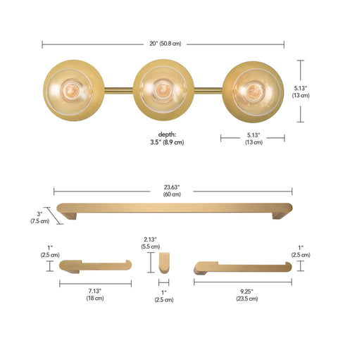 Matte Brass All-In-One 5-Piece Bathroom Set With 20-Inch 3-Light Vanity Light, Towel Bar, Towel Ring, Toilet Paper Holder, Robe Hook - Over-Mirror Powder Room Lighting With Grandmillennial Vibe