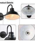 Gooseneck Barn Light Fixture For Outdoors 8 Inch Farmhouse Exterior Vintage Wall Mount Lighting Anti Rust Waterproof Industrial Matte Black Sconce for Porch, Patio, Garage, and Yard showing product details and bulb socket.