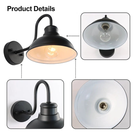 Gooseneck Barn Light Fixture For Outdoors 8 Inch Farmhouse Exterior Vintage Wall Mount Lighting Anti Rust Waterproof Industrial Matte Black Sconce for Porch, Patio, Garage, and Yard showing product details and bulb socket.