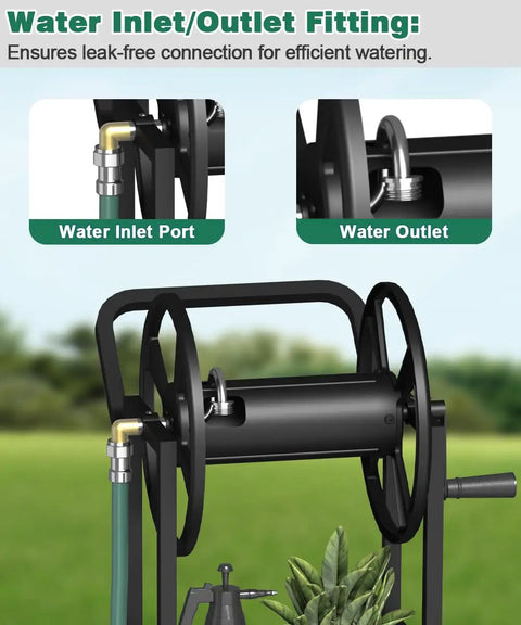 Two Wheel Hose Reel Cart Heavy Duty Powder Coated Steel Backyard Outdoor Water Hose Holder with inlet and outlet fittings