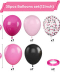 35-piece 12-inch party balloon set with hot pink, black and confetti balloons shown with ribbon, for birthdays, showers, weddings.