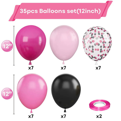 35-piece 12-inch party balloon set with hot pink, black and confetti balloons shown with ribbon, for birthdays, showers, weddings.