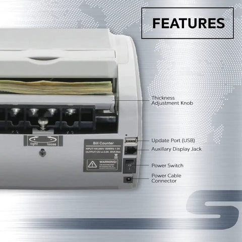 Fast Money Counter With Fake Bill Detector And LCD Display, model S1070 side view, showing bill slot and control panel features.