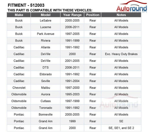 Compatibility chart for Rear Wheel Hub and Bearing Assembly with ABS for Buick, Cadillac, Oldsmobile, Pontiac, Chevy vehicles