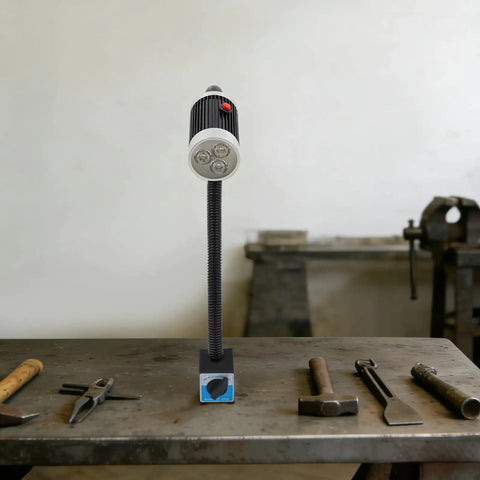 Super Bright 9W Led Machine Tool Light With Magnetic Base And Flexible Gooseneck on a workbench with tools.