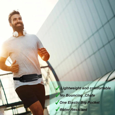 Man jogging wearing Slim Running Belt For Women And Men, No Bounce Fanny Pack Phone Holder, Lightweight 2oz Waistband