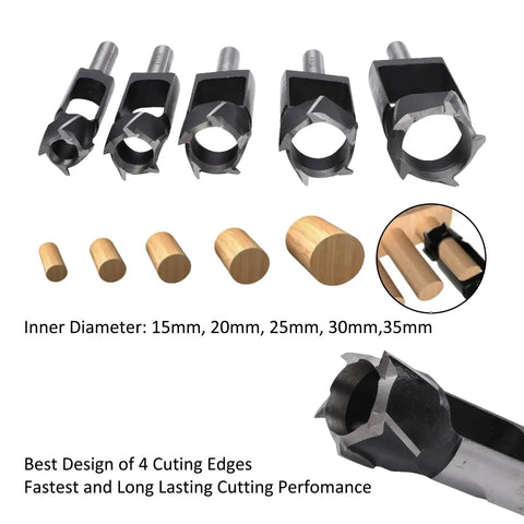 Top Shelf Wood Plug Cutters Set Gonna Make Your DIY Projects Dead Easy With Five Pro Grade Drill Bits 15-35mm in carbon steel.