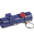 Blue all in one coax cable prep tool for LMR 400 connectors with built in stripping and trimming, compact design with keyring attachment.