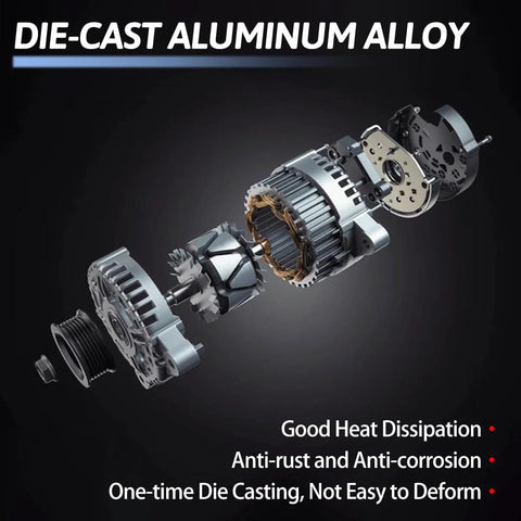 Exploded view of die-cast aluminum alternator showing components with heat dissipation and anti-corrosion features