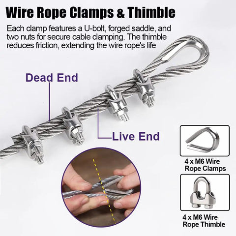 Heavy Duty 1/4 Inch Stainless Steel Cable 50ft With Wire Rope Clamps And Thimble, 6400 Lbs Breaking Strength detail image