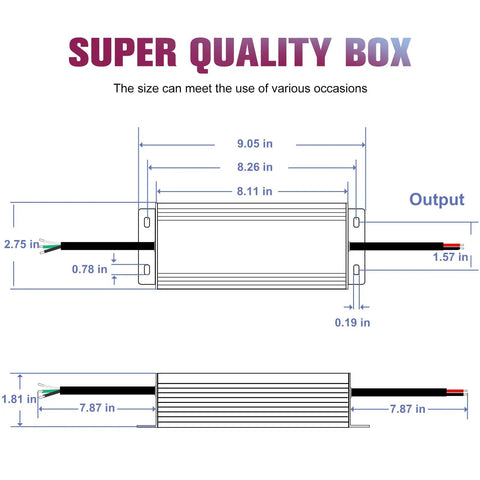 Diagram of 96W Triac Dimmable LED Driver Power Supply 120V AC To 24V DC Transformer dimensions with connection cables visible.