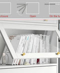 Hidden Flip Up Cabinet Door Rail Set 9.5 Inch Track Hardware installed on white bookcase with open door and visible books.