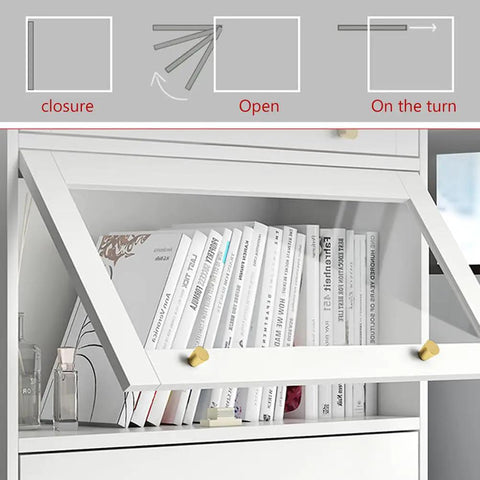 Hidden Flip Up Cabinet Door Rail Set 9.5 Inch Track Hardware installed on white bookcase with open door and visible books.