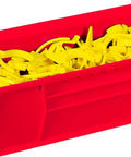 Red stackable storage bin filled with yellow clips, part of Stackable Storage Bins For Garage Pantry And Craft Room Keep Clutter At Bay With Durable Heavy Duty Plastic Bins