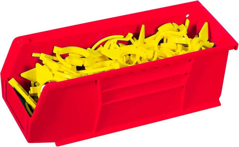 Red stackable storage bin filled with yellow clips, part of Stackable Storage Bins For Garage Pantry And Craft Room Keep Clutter At Bay With Durable Heavy Duty Plastic Bins