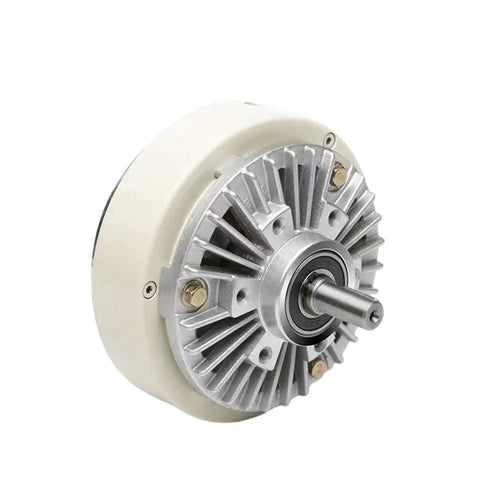 Front view of a magnetic powder brake clutch tension control motor with aluminum housing and protruding shaft.