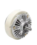 Front view of a silver aluminum magnetic powder brake clutch motor with cooling fins and protruding shaft.