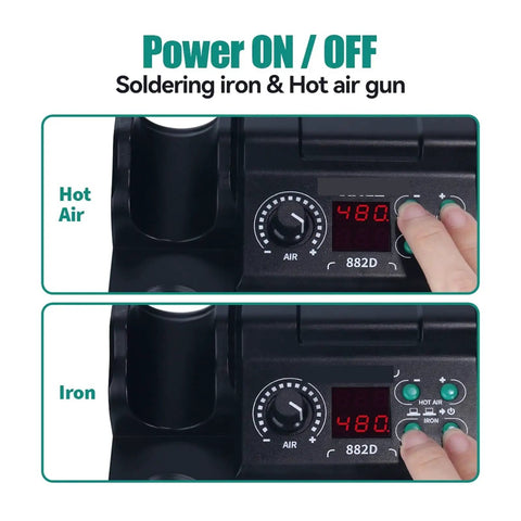 Powering on 2 In 1 750W Soldering Station With Hot Air Rework Gun And LCD Display Built In Soldering Iron Interface, close-up image