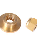Thrust Washer And Prop Nut Kit For Mercury Outboard Motors 9.9HP To 25HP Durable Marine Grade Replacement Includes 858498 8M0027793 18 3703 With 10 Tooth Spline And 3 Inch Gearcase For Smooth Prop Shaft Performance. Brass thrust washer and 10-tooth spline nut on white background.