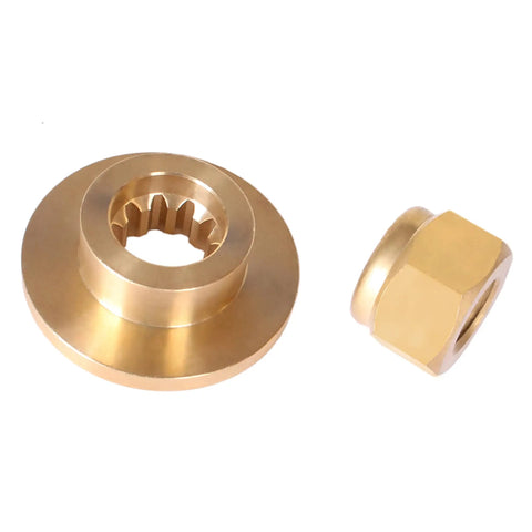 Thrust Washer And Prop Nut Kit For Mercury Outboard Motors 9.9HP To 25HP Durable Marine Grade Replacement Includes 858498 8M0027793 18 3703 With 10 Tooth Spline And 3 Inch Gearcase For Smooth Prop Shaft Performance. Brass thrust washer and 10-tooth spline nut on white background.