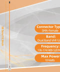 Orange dual band walkie talkie antenna with SMA female connector, 38.5cm long, for 144 and 430 MHz, compatible with UV5R series.