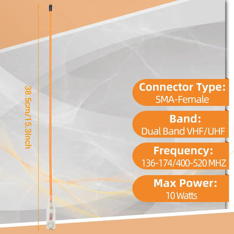 Orange dual band walkie talkie antenna with SMA female connector, 38.5cm long, for 144 and 430 MHz, compatible with UV5R series.