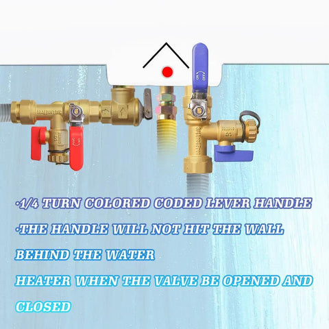 Three Quarter Inch IPS Isolator Tankless Water Heater Valve Kit With Pressure Relief Valve includes color coded handles