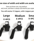 12 Piece Zipper Repair Kit With Quick Install Detachable Pulls In 3 Different Sizes For Jackets Luggage And Bags No Sewing Needed Works On Metal Or Plastic Zippers Simple DIY Fix showing large medium small