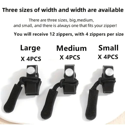 12 Piece Zipper Repair Kit With Quick Install Detachable Pulls In 3 Different Sizes For Jackets Luggage And Bags No Sewing Needed Works On Metal Or Plastic Zippers Simple DIY Fix showing large medium small