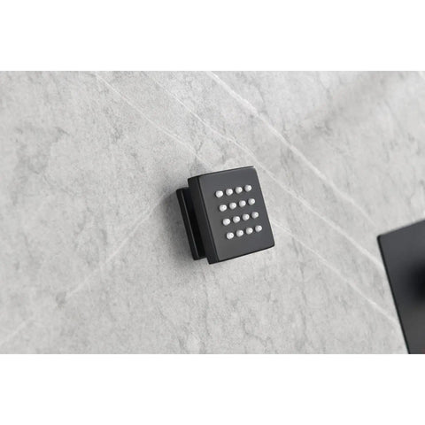 Close-up of a wall-mounted body spray from the Wall Mounted Shower System with 6 Body Sprays and Hand Shower in matte black.
