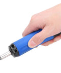 Hand holding Budget-Friendly Preset Portable Screwdriver With Replaceable Bits For Precision Instruments And Machinery Manufacturing, Handy Hand Tool With Auto Forward And Reverse Switching And Audible Alarm blue nylon shell