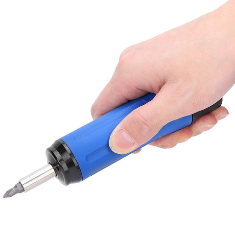Hand holding Budget-Friendly Preset Portable Screwdriver With Replaceable Bits For Precision Instruments And Machinery Manufacturing, Handy Hand Tool With Auto Forward And Reverse Switching And Audible Alarm blue nylon shell