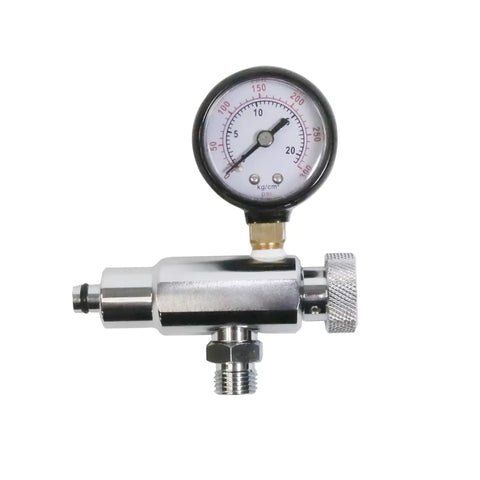 Second Stage Regulator Adjustment Tool With 300 PSI Gauge Stainless Steel Build, silver compact tool for scuba dive maintenance.