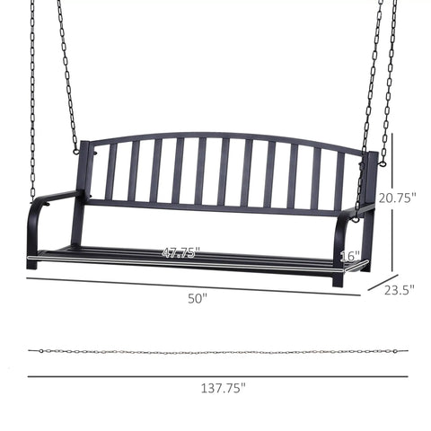 Two Person Front Porch Swing Bench For Outdoor Chill Sessions, Heavy Duty Steel Swing Chair With Solid Chains in black, dimensions labeled.