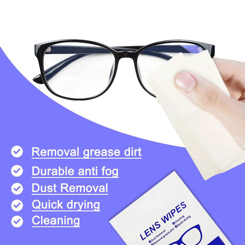 Hand using Alcohol Free Lens Wipes For Glasses And Screens Streak Free 220 Count to clean eyeglasses, with packaging visible