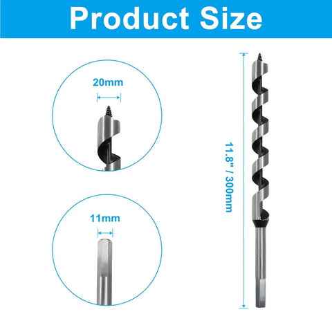 Three Quarter Inch Wood Auger Drill Bit With Twelve Inch Length And Hex Shank For Soft And Hard Wood Carbon Steel Construction Job Site Ready For Tree Stumps Plastic And Drywall 20 Mm By 300 Mm, showing product size and dimensions.