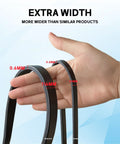 Hand holding 15 Inch EPDM Bungee Tarp Straps 10 Pack With 150 Percent Stretch, showcasing extra width comparison.