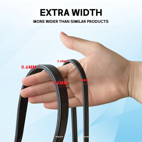 Hand holding 15 Inch EPDM Bungee Tarp Straps 10 Pack With 150 Percent Stretch, showcasing extra width comparison.