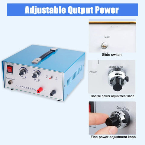 Jewelry Spot Welder With Foot Switch, Stand, Buttons Displayed For Adjustable Power, Portable Spot Welding Machine Front View