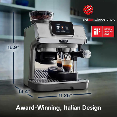 La Specialista Touch Espresso Machine With Grinder And Milk Frother, compact design with dimensions, brewing espresso shots.