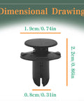 Dimensional drawing of 20 Pack Fender Liner Push Type Retainer Clips For Hyundai And Kia Cars, featuring measurements and black nylon material.