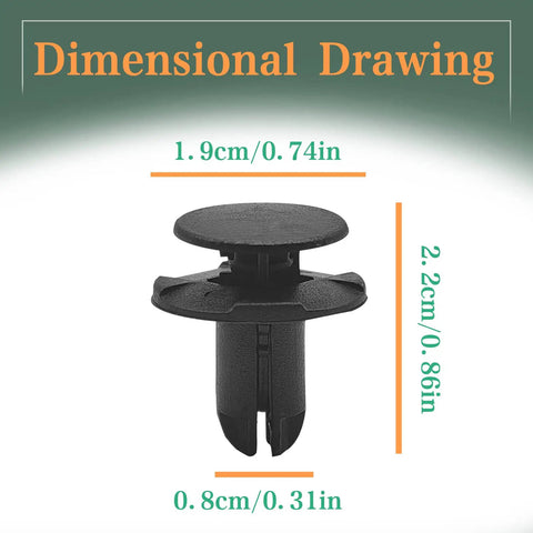 Dimensional drawing of 20 Pack Fender Liner Push Type Retainer Clips For Hyundai And Kia Cars, featuring measurements and black nylon material.