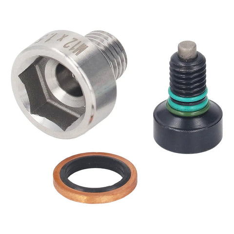Fix Slipped Threads Like A Pro With This Heavy Duty Stainless Steel Piggyback Oil Drain Plug M12x1.5 Self Tapping Repair Kit For Your Car Engine And Quick Maintenance Sessions. stainless steel M12x1.5 oil drain plug kit with tap, plug, and washer