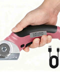 Heavy Duty Cordless Electric Scissors With Fast Usb Rechargeable Power And Self Sharpening Steel Blades For Slick Cuts Through Denim Fabric Leather Carpet And Stubborn Cardboard In Nifty Pink, showing hand-held design and USB charger.