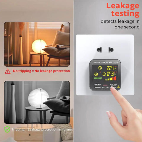 Outlet Tester With GFCI And NCV Non Contact Voltage Detection for North American Outlets showing leakage testing results.