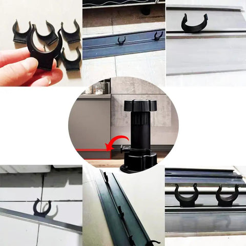 Heavy Duty 10 Pack Toe Kick Clips For Cabinet Leveler Legs With Snap On Plastic Brackets For 1 Inch Furniture Feet and Kitchen Plinth Skirting Board No Sweat Setup displayed in various angles.