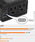 300W Car Power Inverter Switches 12V Dc To 110V Ac With Dual Outlets And Quick Charge Ports, showing USB-C and AC outlets.