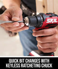 Person using Power Core 20 Brushless Cordless Drill Driver Kit With Half Inch Single Sleeve Keyless Ratcheting Chuck And LED Work Light